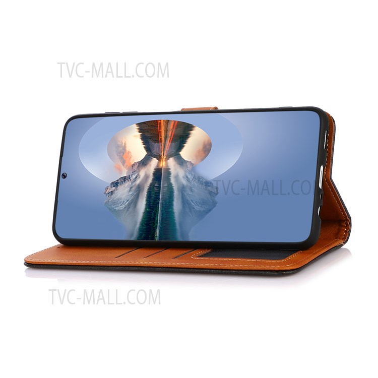 KHAZNEH Stand Wallet Design Golden Magnetic Clasp Dual Color Leather Phone Case for Xiaomi Poco F3/Poco F3 Pro - Black-5