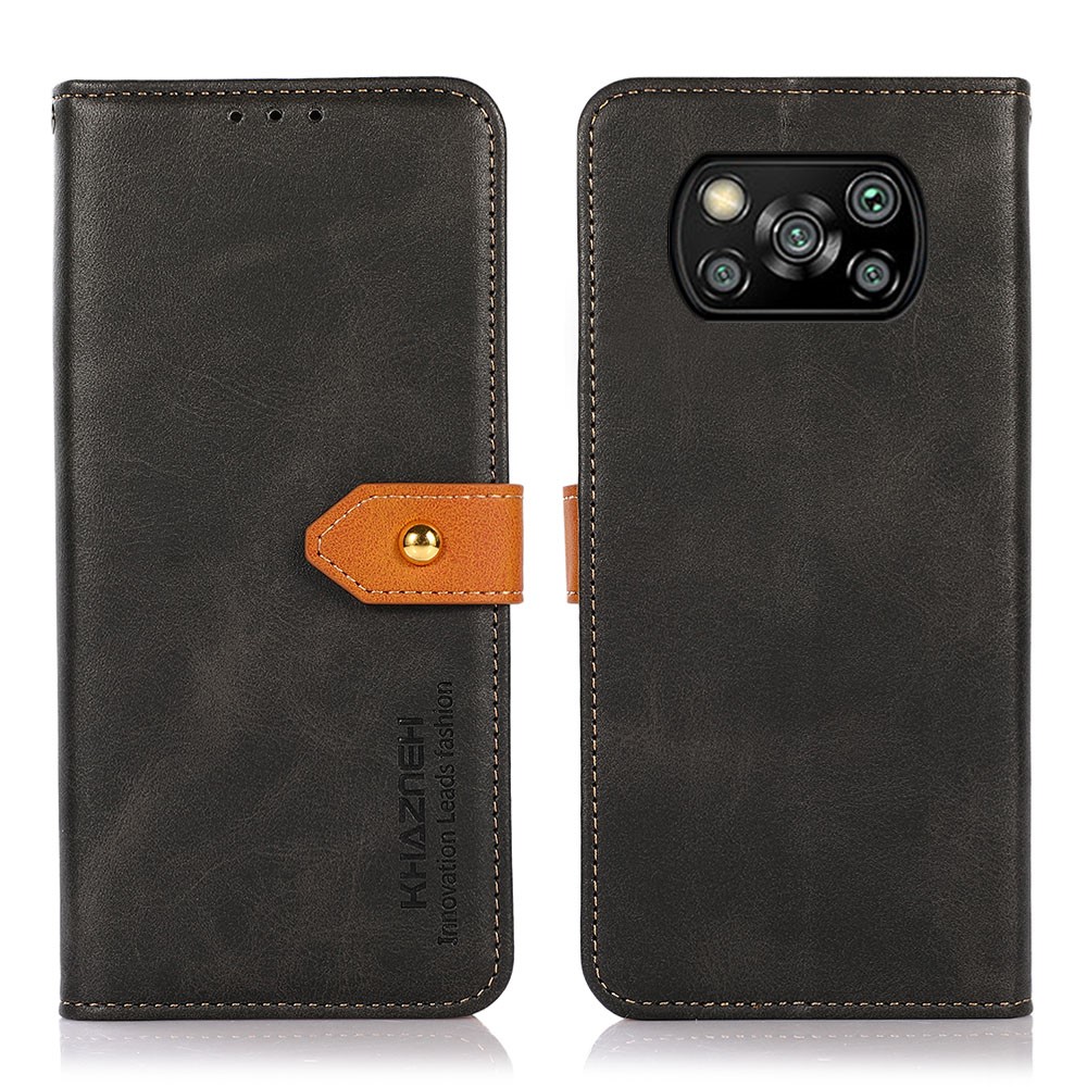KHAZNEH Golden Magnetic Clasp Design Dual Color Leather Wallet Phone Case with Stand for Xiaomi Poco X3/Poco X3 Pro/Poco X3 NFC - Black-1