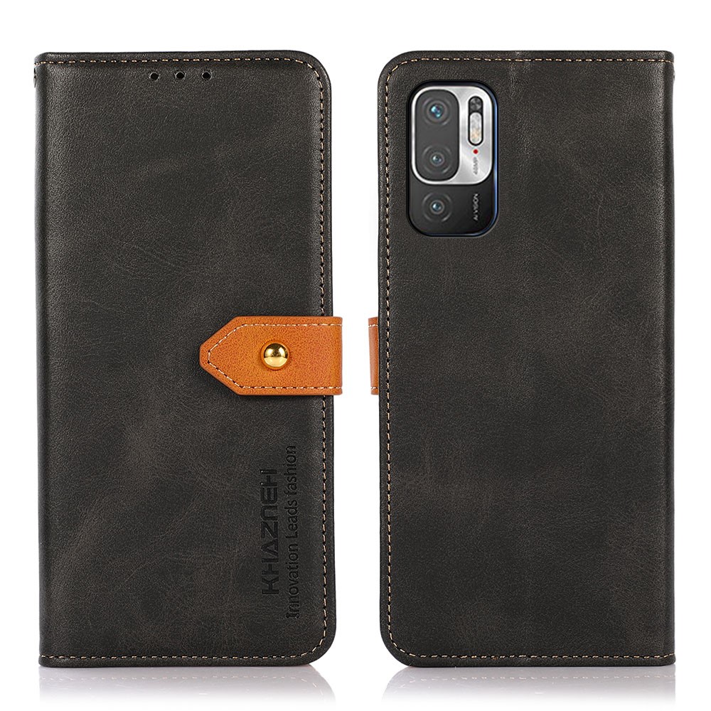 KHAZNEH Dual Color Leather Golden Magnetic Clasp Design Phone Case with Stand Wallet for Xiaomi Redmi Note 10 5G/Poco M3 Pro 4G/Poco M3 Pro 5G - Black-1