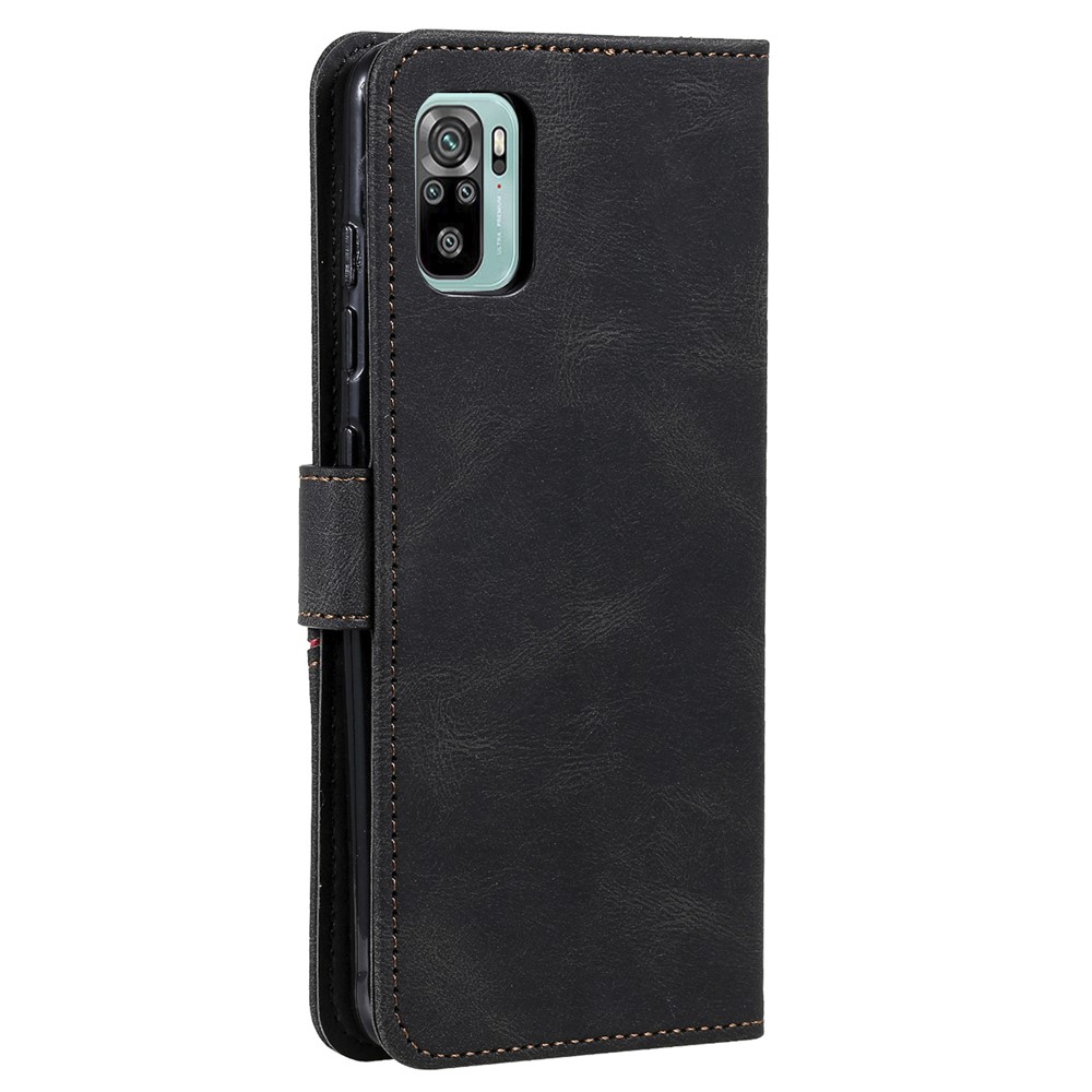 Tri-color Splicing Skin Feel Protector PU Leather Flip Case Wallet Stand Cover for Xiaomi Redmi Note 10 4G/Note 10S - Black-4