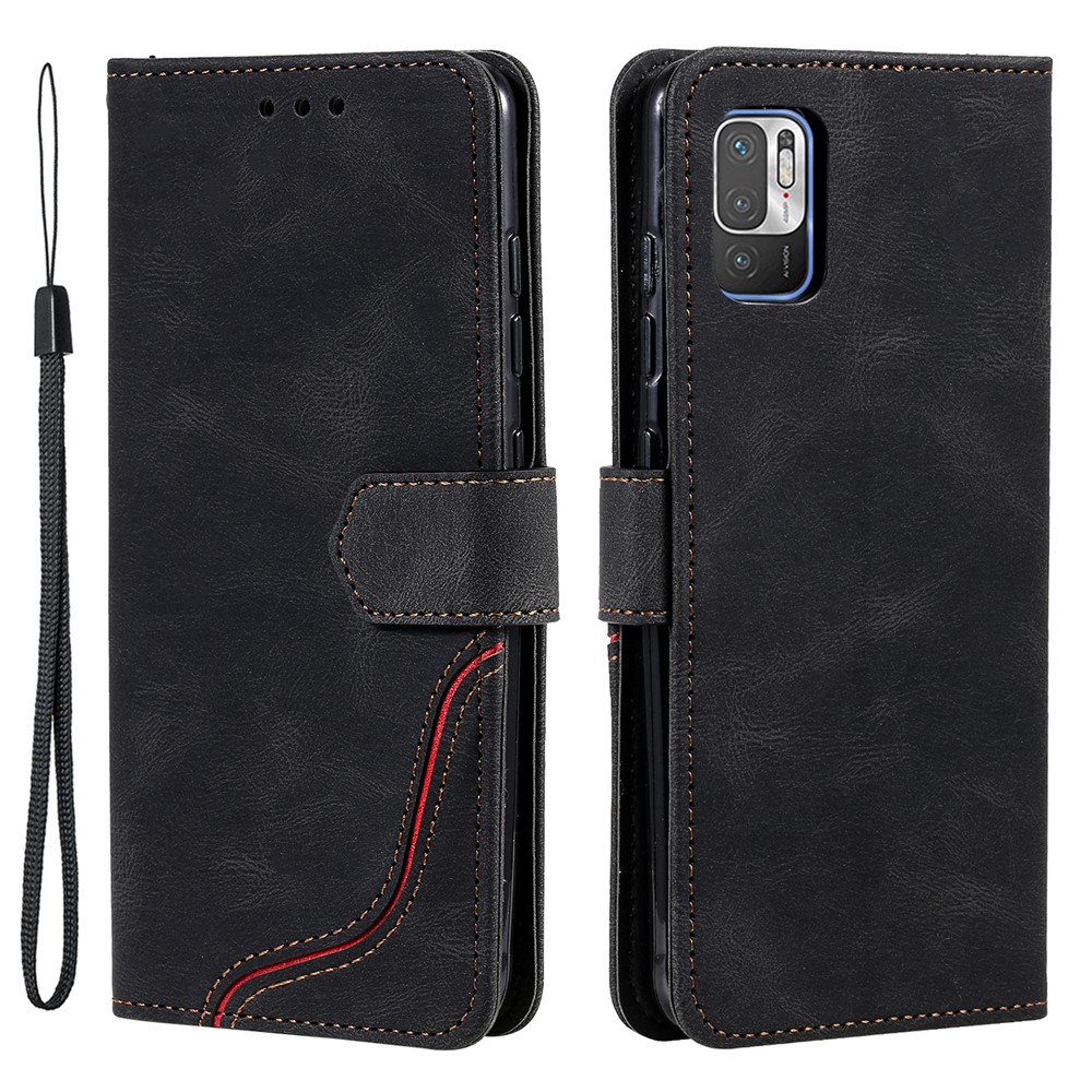 Skin-touch Feel Tri-color Splicing PU Leather Flip Case Wallet Stand Cellphone Cover for Xiaomi Redmi Note 10 5G/Poco M3 Pro 4G/Poco M3 Pro 5G - Black-1