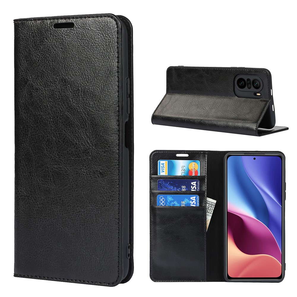 Wallet Stand Design Crazy Horse Genuine Leather Phone Case for Xiaomi Mi 11i / Poco F3 / Redmi K40 / K40 Pro - Black-10