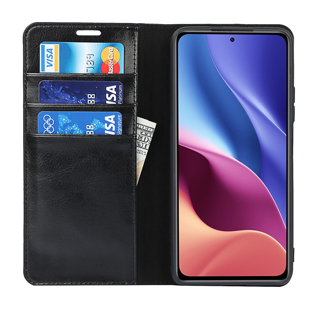 Wallet Stand Design Crazy Horse Genuine Leather Phone Case for Xiaomi Mi 11i / Poco F3 / Redmi K40 / K40 Pro - Black-4