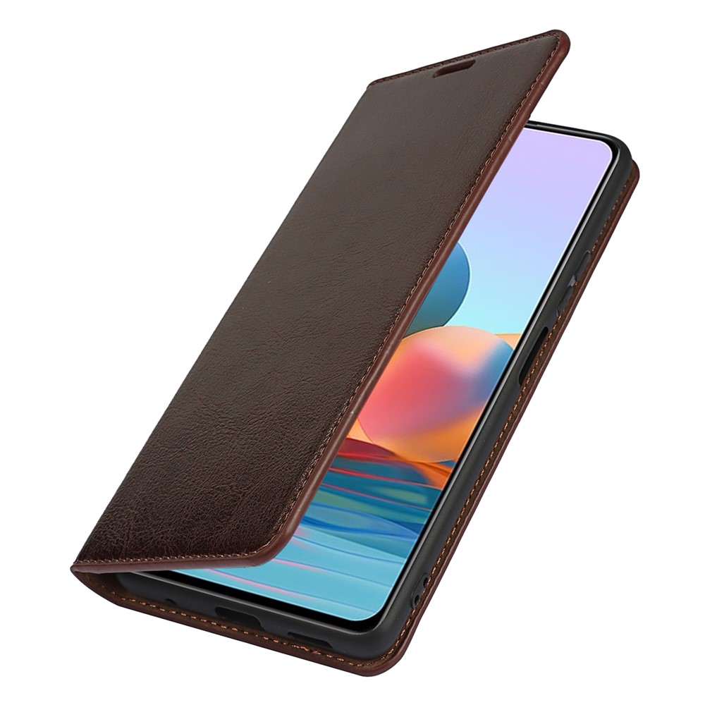 Crazy Horse Genuine Leather Stand Wallet Phone Case Cover for Xiaomi Redmi Note 10 Pro - Coffee-10