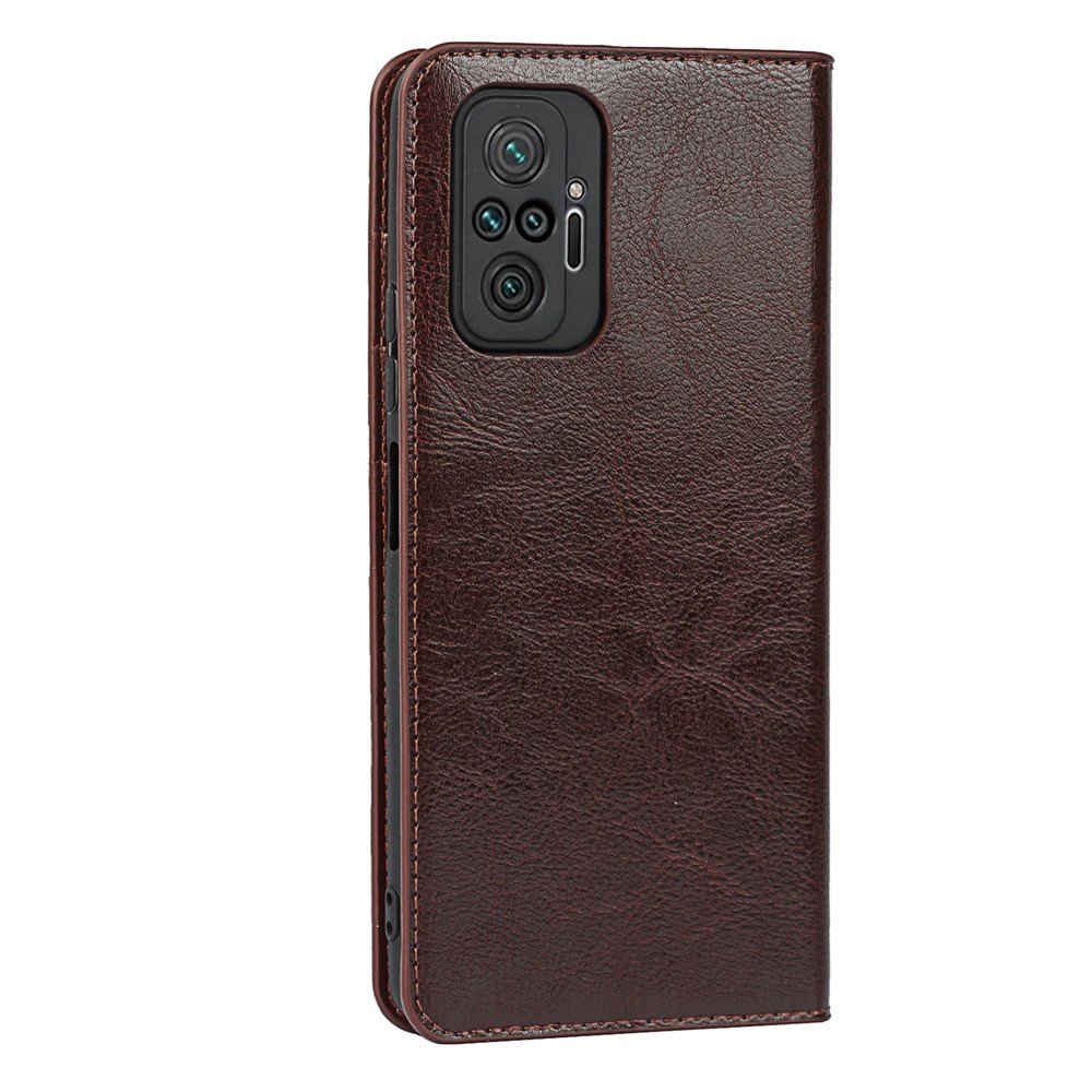 Crazy Horse Genuine Leather Stand Wallet Phone Case Cover for Xiaomi Redmi Note 10 Pro - Coffee-3