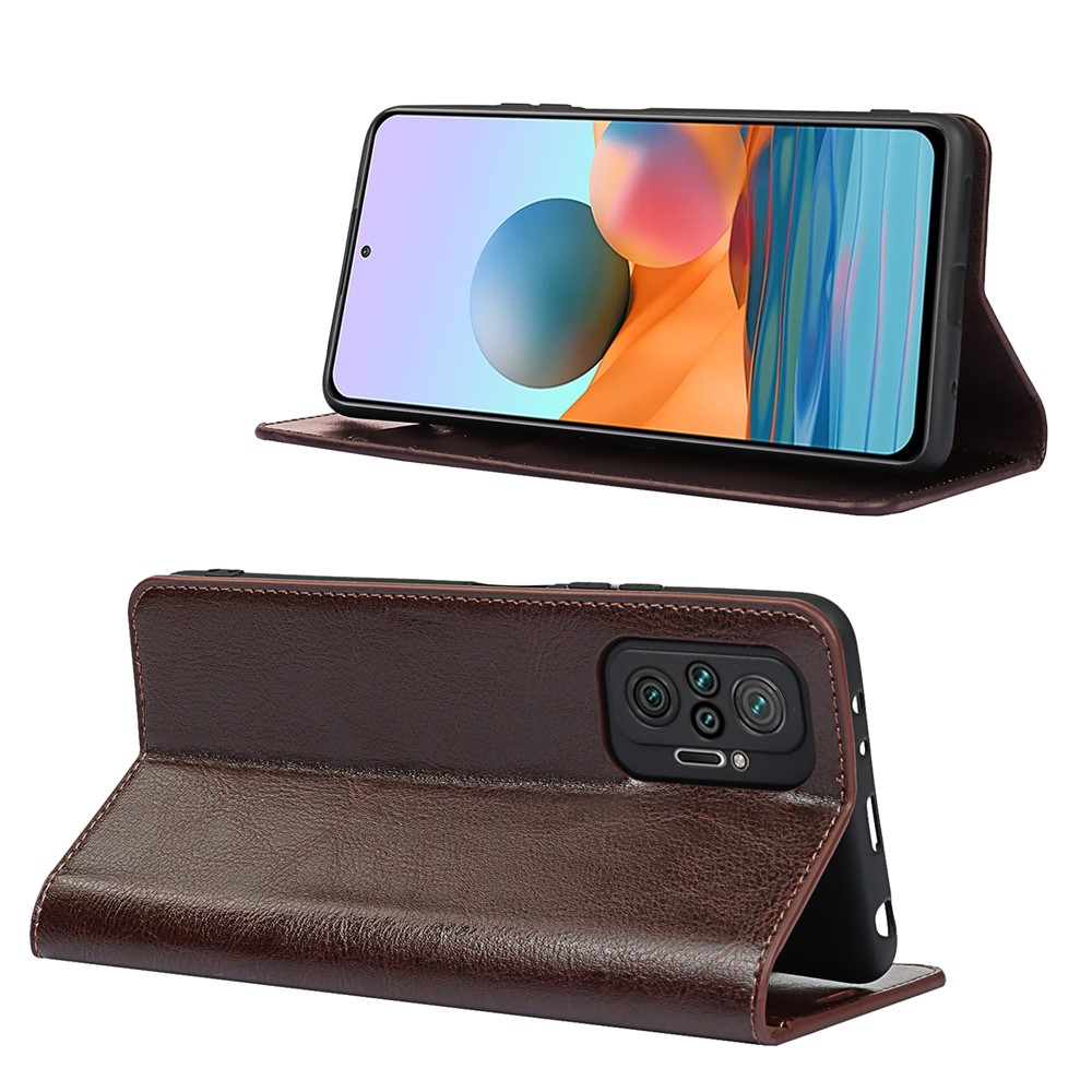 Crazy Horse Genuine Leather Stand Wallet Phone Case Cover for Xiaomi Redmi Note 10 Pro - Coffee-4