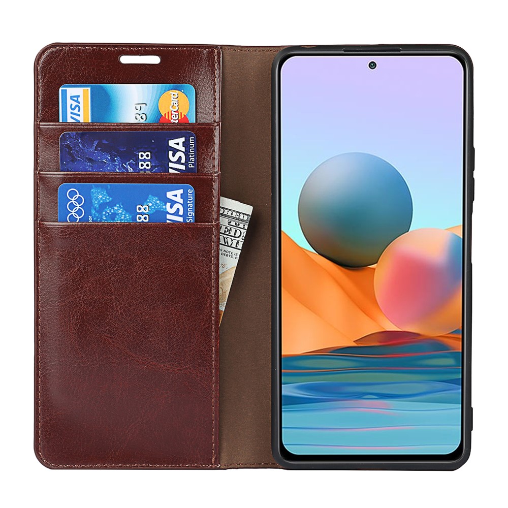Crazy Horse Genuine Leather Stand Wallet Phone Case Cover for Xiaomi Redmi Note 10 Pro - Coffee-5