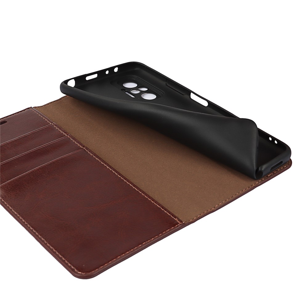 Crazy Horse Genuine Leather Stand Wallet Phone Case Cover for Xiaomi Redmi Note 10 Pro - Coffee-6