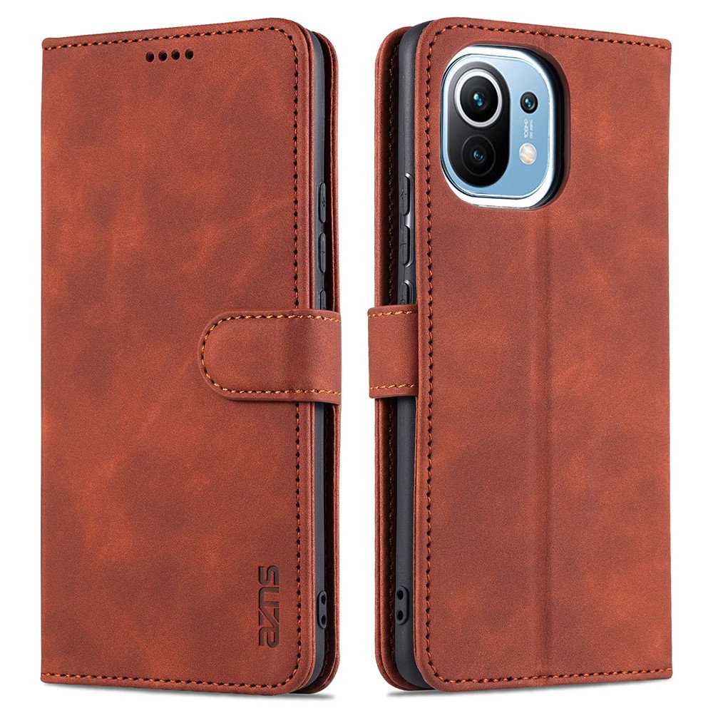 AZNS PU Leather Phone Cover Shell with Wallet Stand for Xiaomi Mi 11 - Brown-1