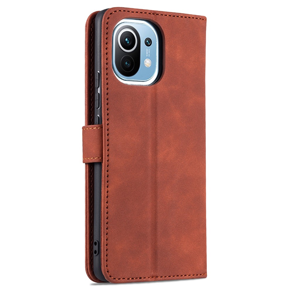 AZNS PU Leather Phone Cover Shell with Wallet Stand for Xiaomi Mi 11 - Brown-3