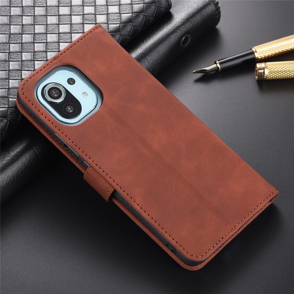 AZNS PU Leather Phone Cover Shell with Wallet Stand for Xiaomi Mi 11 - Brown-6