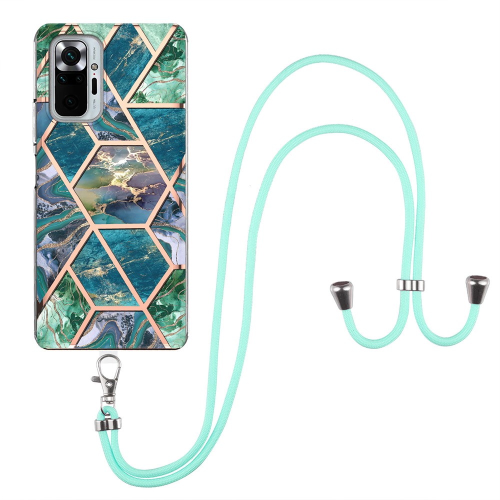 Splicing Marble Pattern (2.0mm) IMD Electroplating Shockproof Soft TPU with Lanyard Strap for Xiaomi Redmi Note 10 Pro / Redmi Note 10 Pro Max - Blue/Green-1