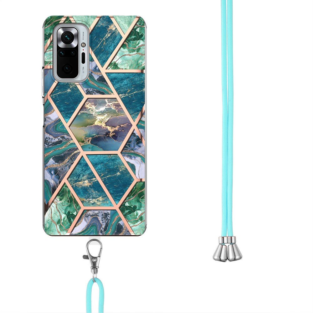 Splicing Marble Pattern (2.0mm) IMD Electroplating Shockproof Soft TPU with Lanyard Strap for Xiaomi Redmi Note 10 Pro / Redmi Note 10 Pro Max - Blue/Green-3