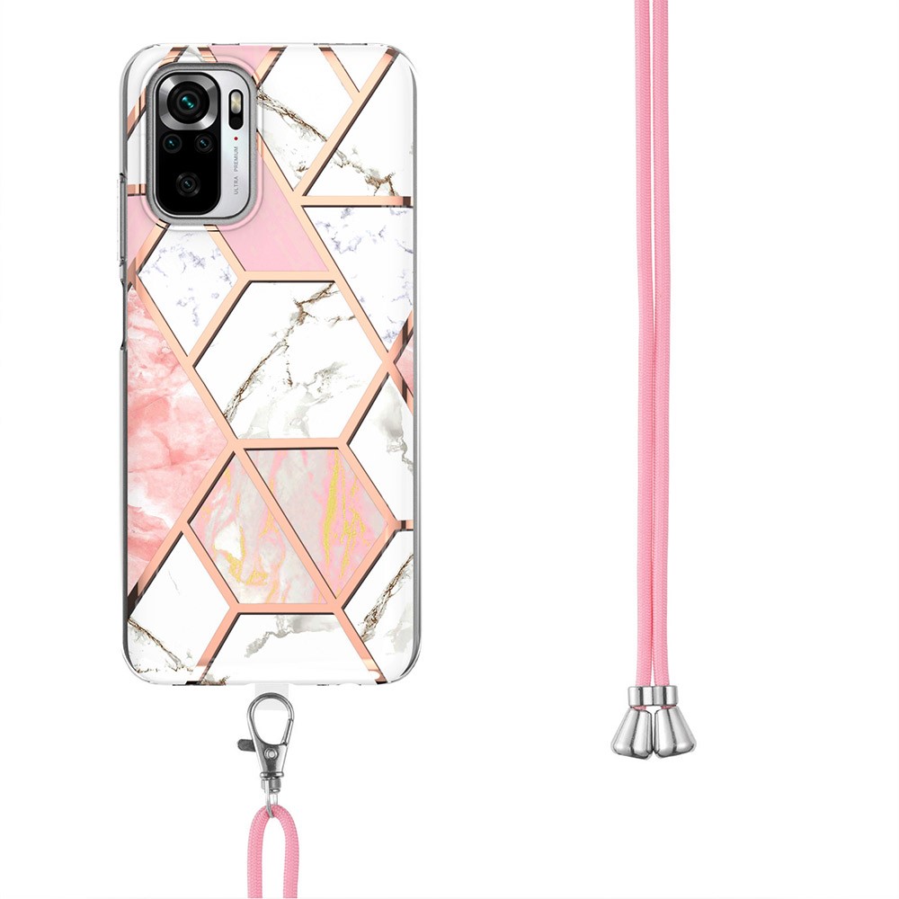 Ultra Irregular Splicing Marble (2.0 mm) IMD Electroplating TPU Shockproof Anti-Scratch Texture Case Cover with Lanyard for Xiaomi Redmi Note 10S / Redmi Note 10 4G - Pink/White-3