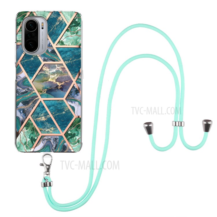 IMD Electroplating Sided Splicing Marble (2.0mm) Flexible TPU Phone Cover with Lanyard for Xiaomi Redmi K40 / Redmi K40 Pro / Poco F3 / Mi 11i - Blue/Green-1
