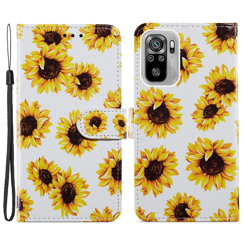 Pattern Printing Leather Phone Case Wallet Stand Design Cover for Xiaomi Redmi Note 10 4G/Note 10S - Sunflower-1