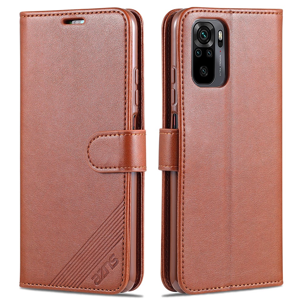 AZNS Wallet Stand Leather Protective Shell for Xiaomi Redmi Note 10 4G/Note 10S - Brown-1
