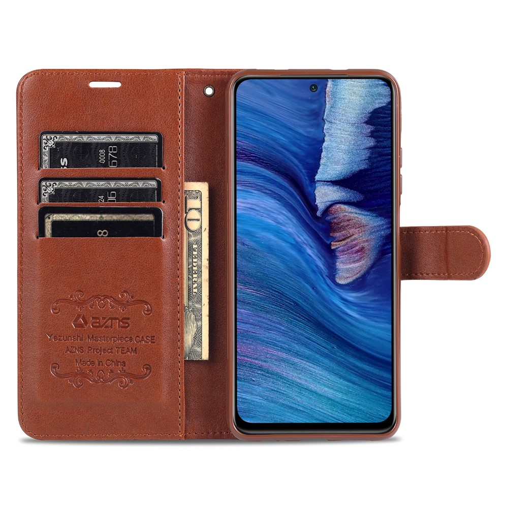 AZNS Wallet Stand Leather Protective Shell for Xiaomi Redmi Note 10 4G/Note 10S - Brown-4