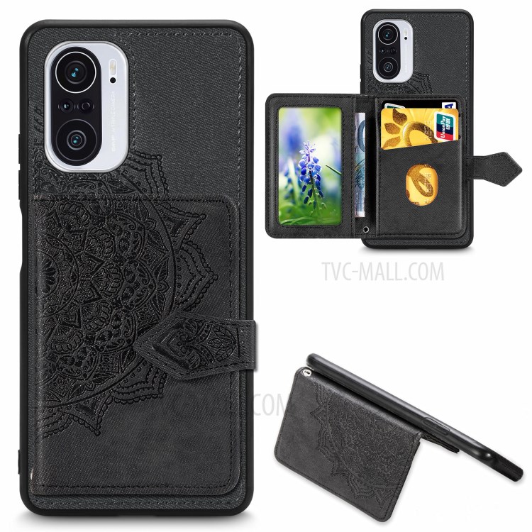 Mandala Flower Imprinting PU Leather + TPU Hybrid Phone Wallet Case for Xiaomi Redmi K40/K40 Pro - Black-1