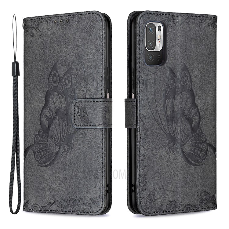 Brilliant Imprint Butterfly Flower Pattern PU Leather Flip Folio Wallet Case with Magnetic Closure Wrist Strap for Xiaomi Redmi Note 10 5G / Poco M3 Pro 5G / 4G - Black-1