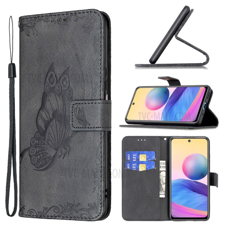 Brilliant Imprint Butterfly Flower Pattern PU Leather Flip Folio Wallet Case with Magnetic Closure Wrist Strap for Xiaomi Redmi Note 10 5G / Poco M3 Pro 5G / 4G - Black-8