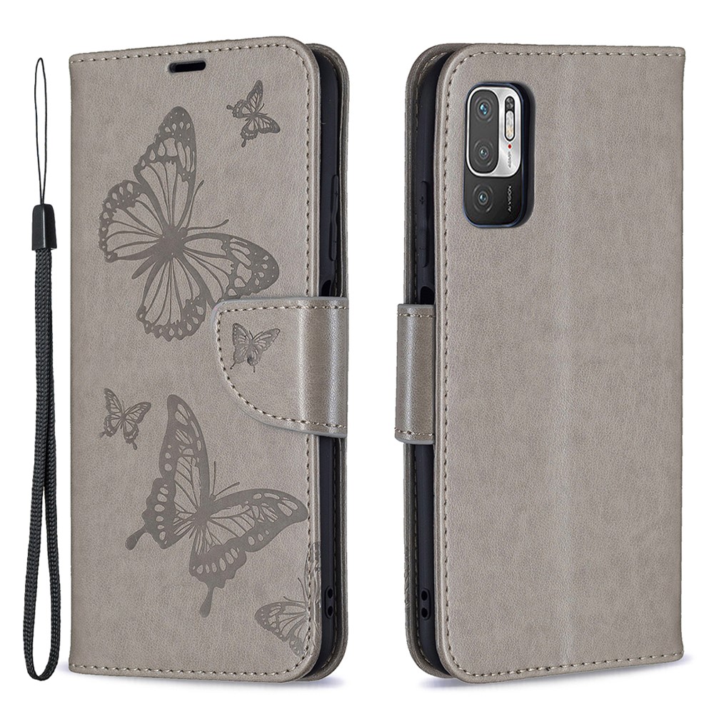 Imprint Butterfly Pattern Leather Shockproof Protective Flip Folio Wallet Case for Xiaomi Redmi Note 10 5G / Poco M3 Pro 5G /4G - Grey-1