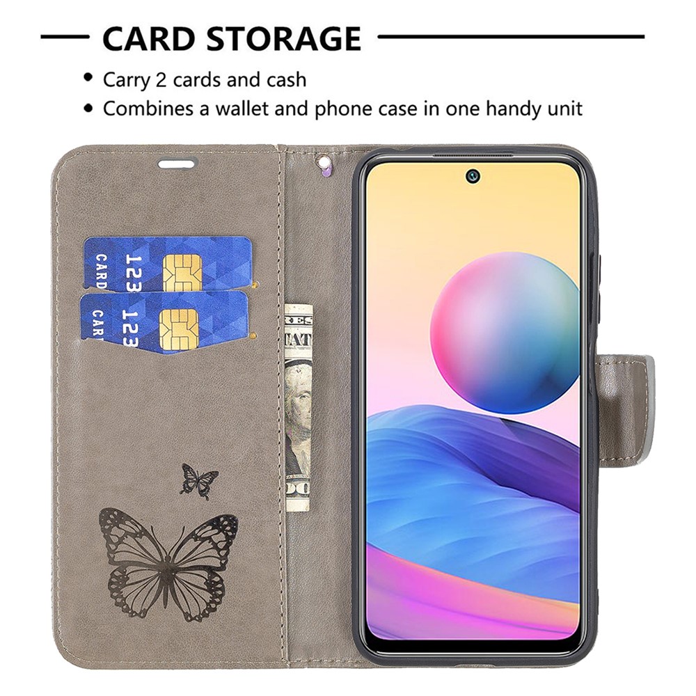 Imprint Butterfly Pattern Leather Shockproof Protective Flip Folio Wallet Case for Xiaomi Redmi Note 10 5G / Poco M3 Pro 5G /4G - Grey-3