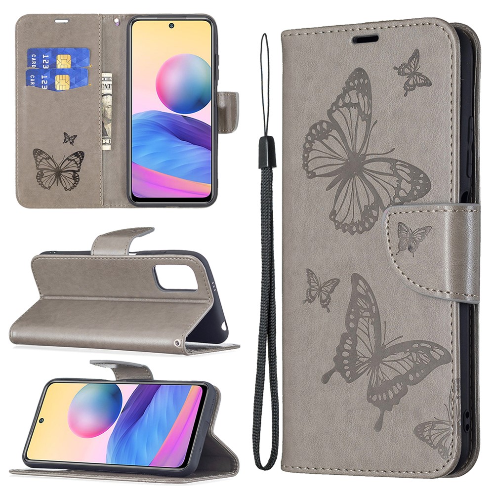 Imprint Butterfly Pattern Leather Shockproof Protective Flip Folio Wallet Case for Xiaomi Redmi Note 10 5G / Poco M3 Pro 5G /4G - Grey-8