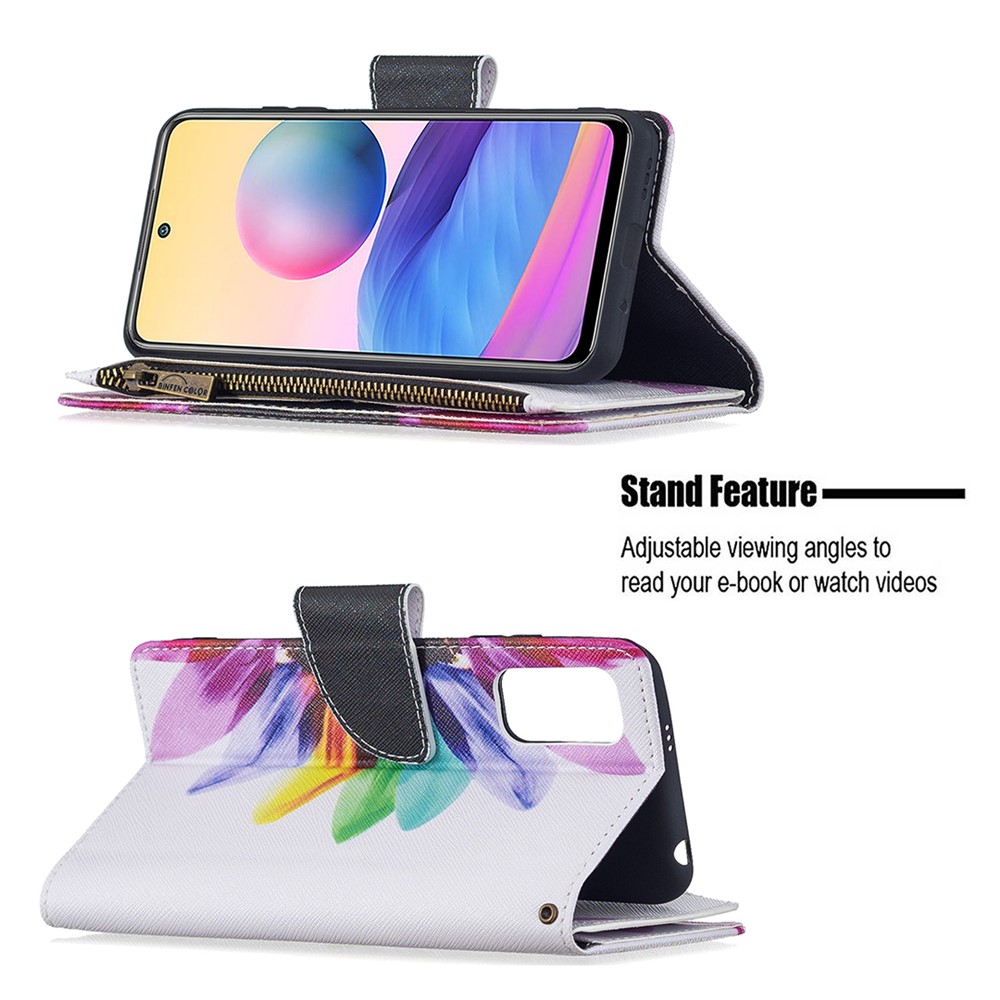 Stand Feature Pattern Printing Zipper Wallet Bookstyle Magnetic Flip Case Cover with Wrist Strap for Xiaomi Redmi Note 10 5G / Poco M3 Pro 5G / 4G - Sunflower-2