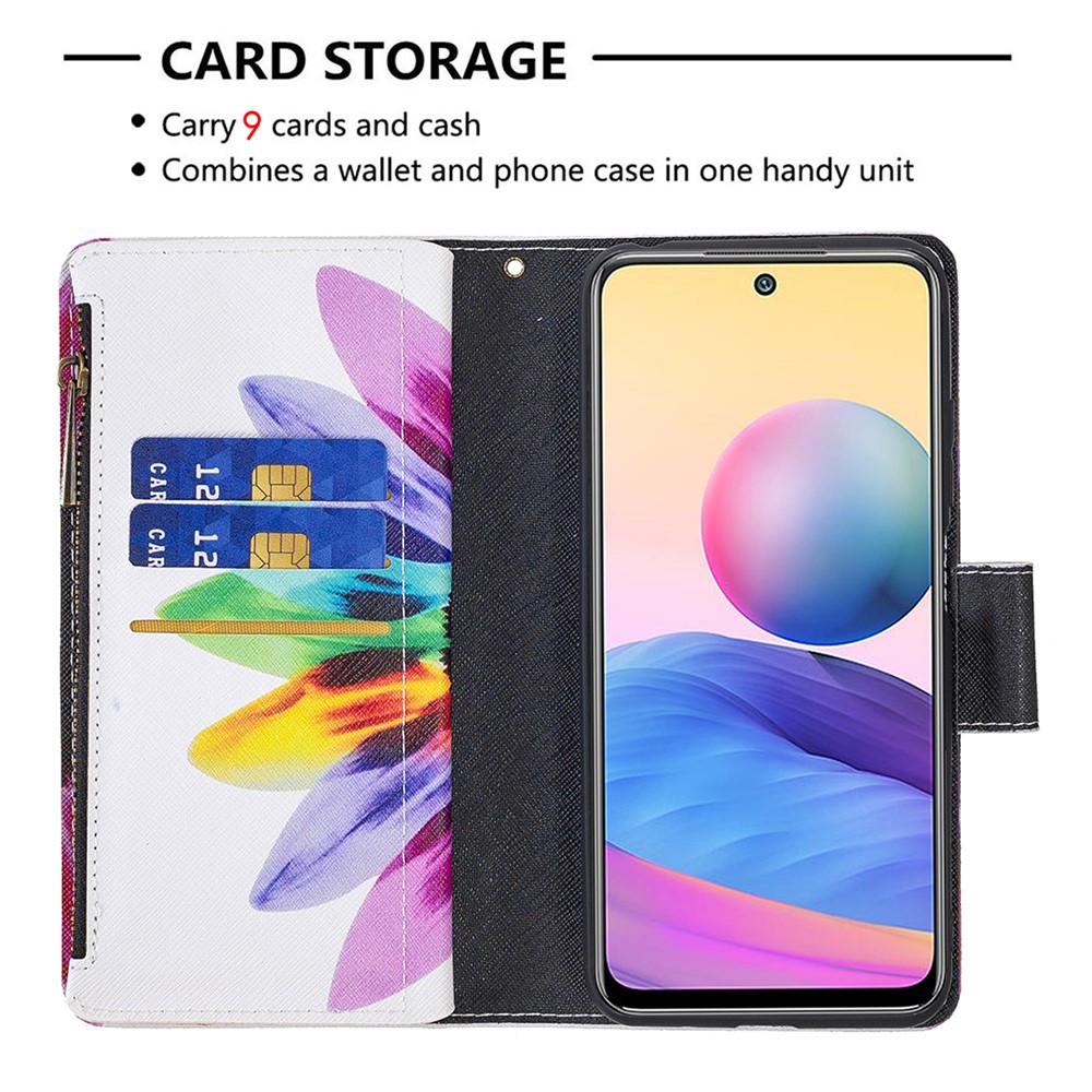 Stand Feature Pattern Printing Zipper Wallet Bookstyle Magnetic Flip Case Cover with Wrist Strap for Xiaomi Redmi Note 10 5G / Poco M3 Pro 5G / 4G - Sunflower-3