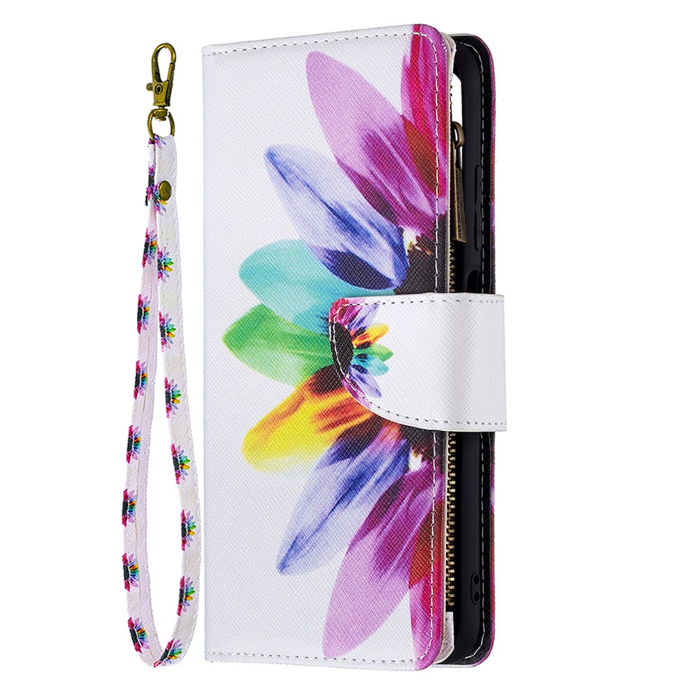 Stand Feature Pattern Printing Zipper Wallet Bookstyle Magnetic Flip Case Cover with Wrist Strap for Xiaomi Redmi Note 10 5G / Poco M3 Pro 5G / 4G - Sunflower-4