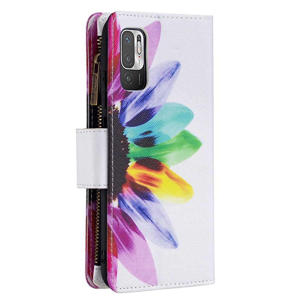 Stand Feature Pattern Printing Zipper Wallet Bookstyle Magnetic Flip Case Cover with Wrist Strap for Xiaomi Redmi Note 10 5G / Poco M3 Pro 5G / 4G - Sunflower-5