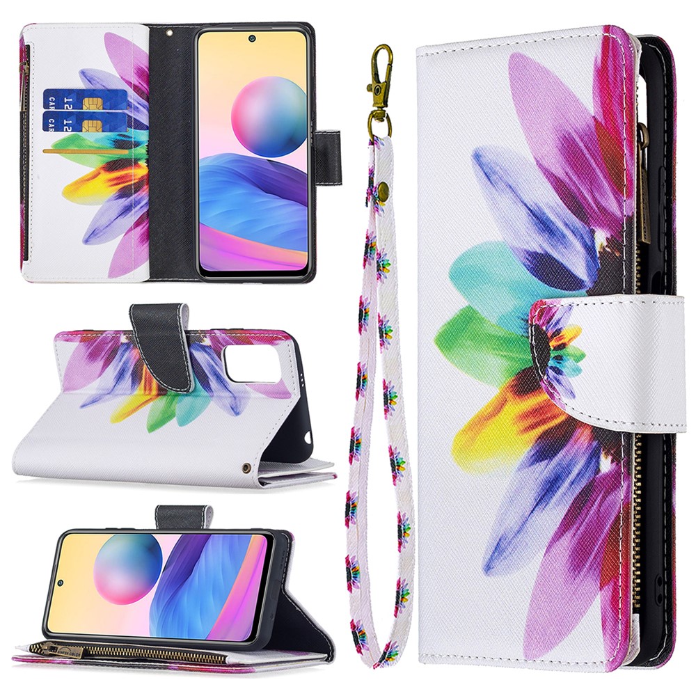 Stand Feature Pattern Printing Zipper Wallet Bookstyle Magnetic Flip Case Cover with Wrist Strap for Xiaomi Redmi Note 10 5G / Poco M3 Pro 5G / 4G - Sunflower-8