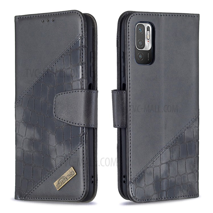 BF04 Crocodile Texture Color Splicing Wallet Stand Leather Protector Case for Xiaomi Redmi Note 10 5G/Poco M3 Pro 4G/Poco M3 Pro 5G - Black-1