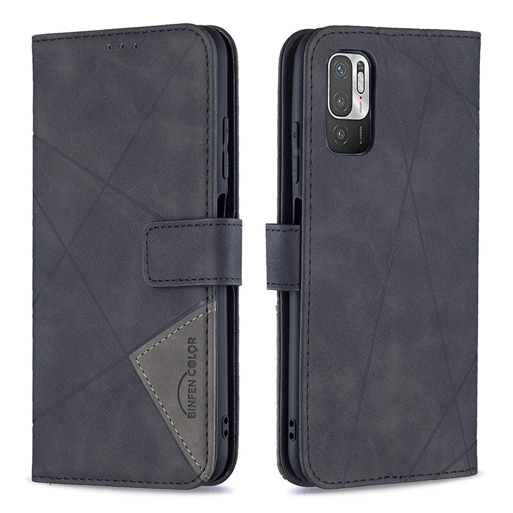 BF05 Wallet Design Leather Stand Cover Case with Geometric Imprinting for Xiaomi Redmi Note 10 5G/Poco M3 Pro 4G/Poco M3 Pro 5G - Black-1