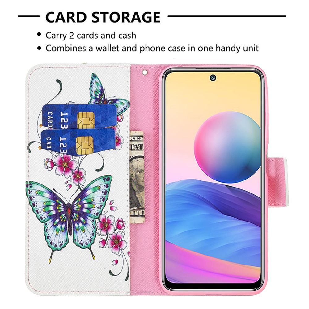 3D Full Stylish Advanced Printing Pattern Stand Magnetic Clasp Wallet Case for Xiaomi Redmi Note 10 5G / Poco M3 Pro 5G / 4G - Green Butterfly-3