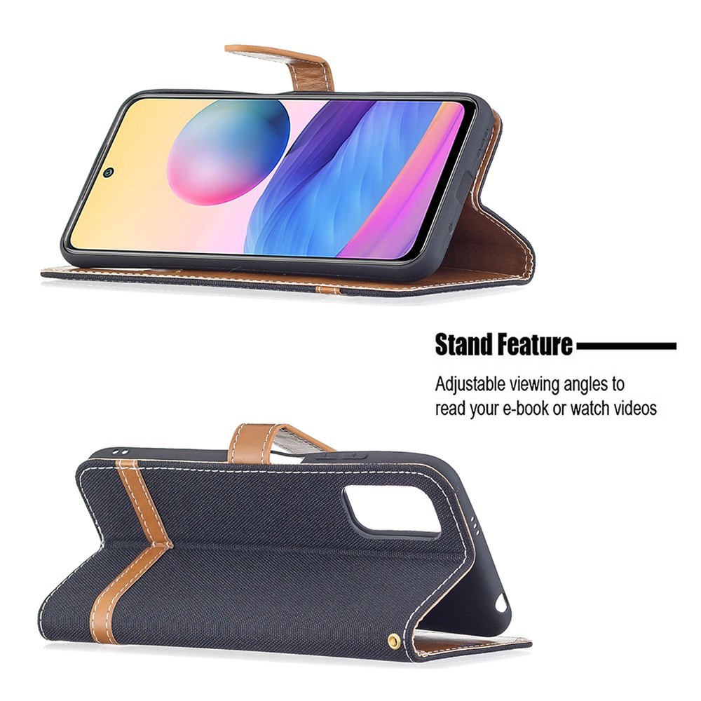 For Xiaomi Redmi Note 10 5G/Poco M3 Pro 4G/Poco M3 Pro 5G Jeans Cloth Splicing Leather Wallet Stand Phone Cover - Black-2