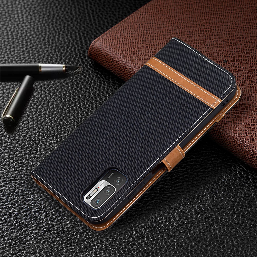 For Xiaomi Redmi Note 10 5G/Poco M3 Pro 4G/Poco M3 Pro 5G Jeans Cloth Splicing Leather Wallet Stand Phone Cover - Black-7