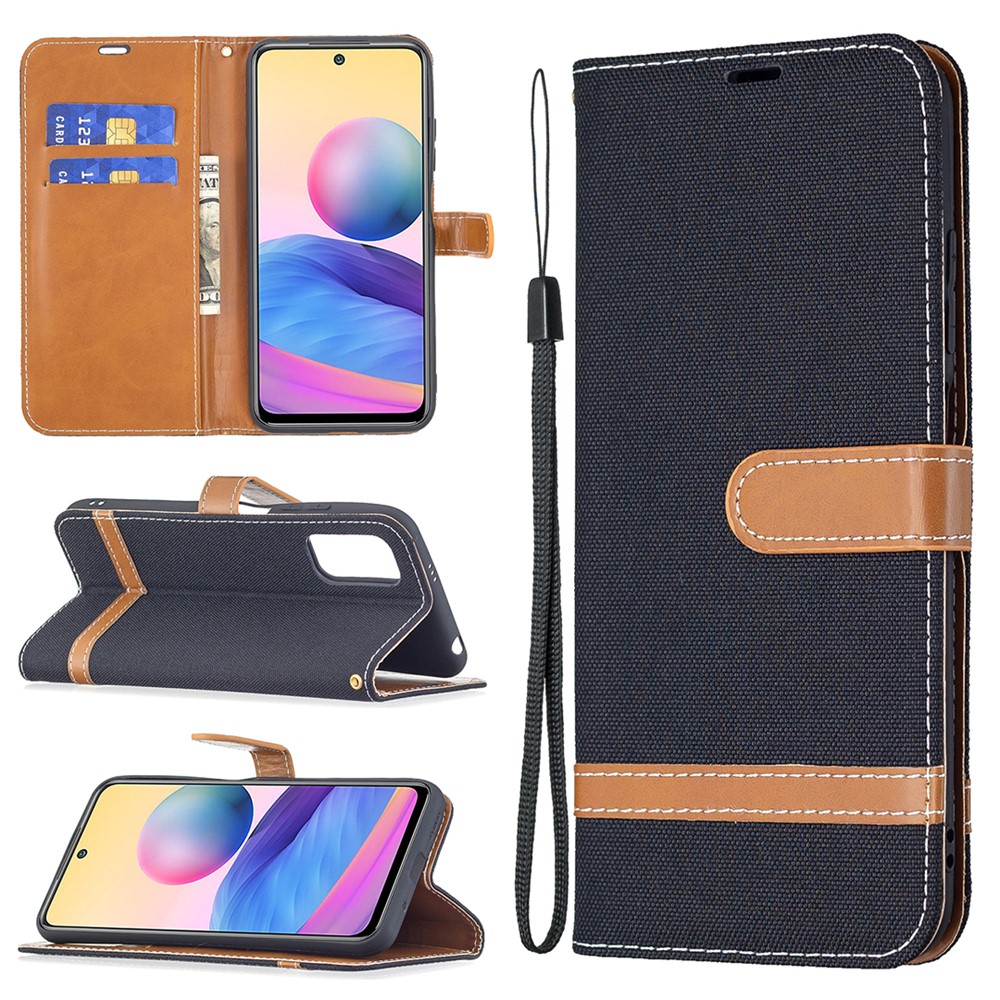 For Xiaomi Redmi Note 10 5G/Poco M3 Pro 4G/Poco M3 Pro 5G Jeans Cloth Splicing Leather Wallet Stand Phone Cover - Black-8