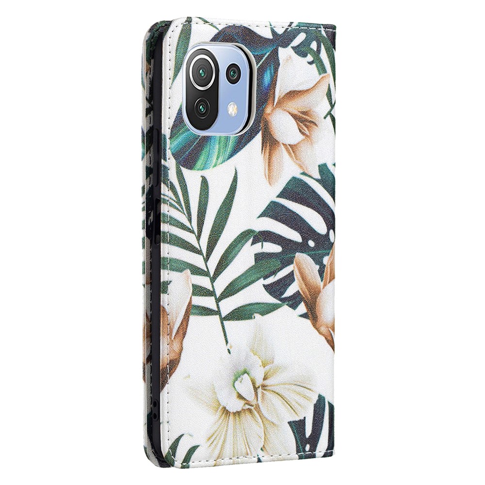 Magnetic Auto-absorbed Pattern Printing PU Leather Stand Walllet Case for Xiaomi Mi 11 Lite 4G / 5G /11 Lite 5G NE - Flower and Leaf-3