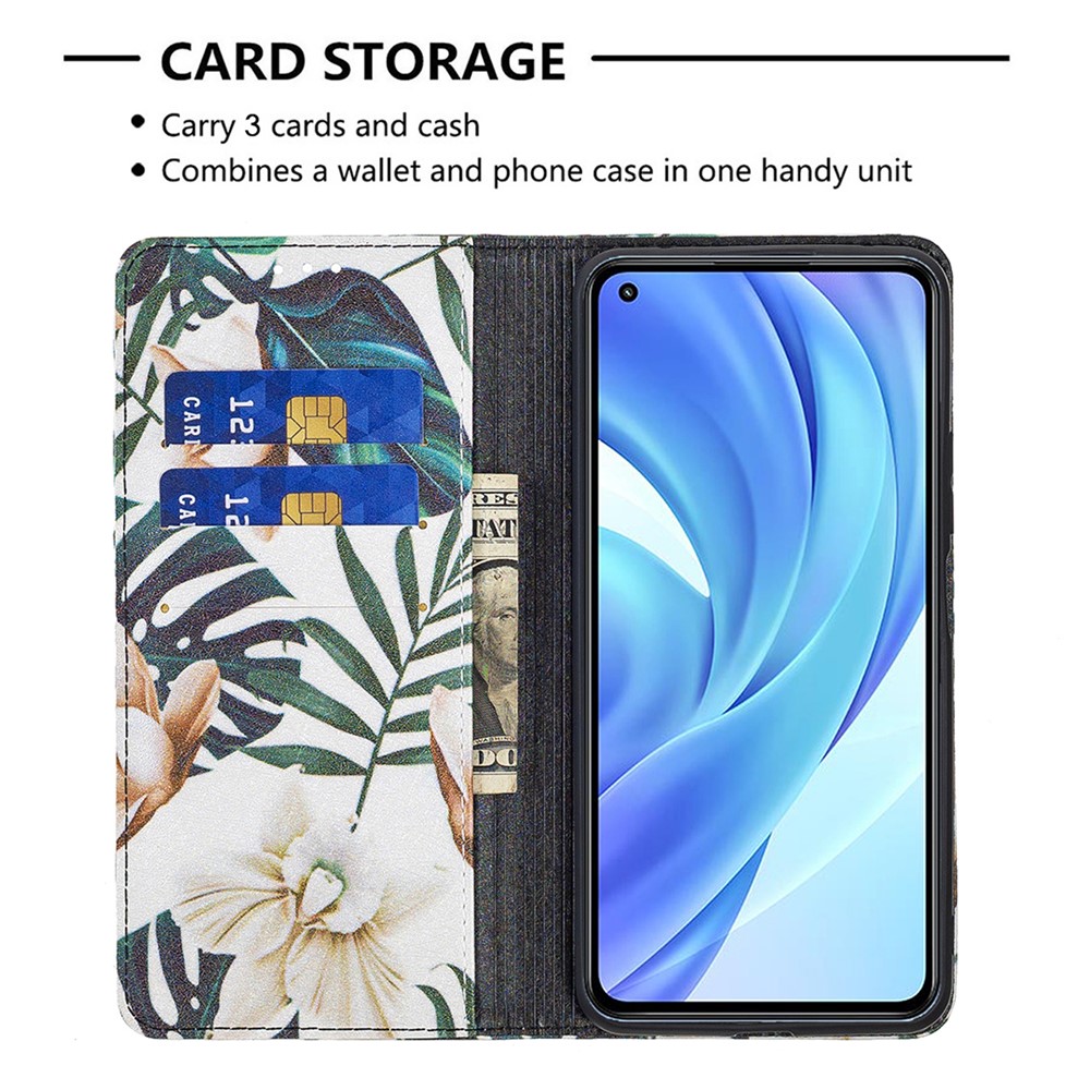 Magnetic Auto-absorbed Pattern Printing PU Leather Stand Walllet Case for Xiaomi Mi 11 Lite 4G / 5G /11 Lite 5G NE - Flower and Leaf-6