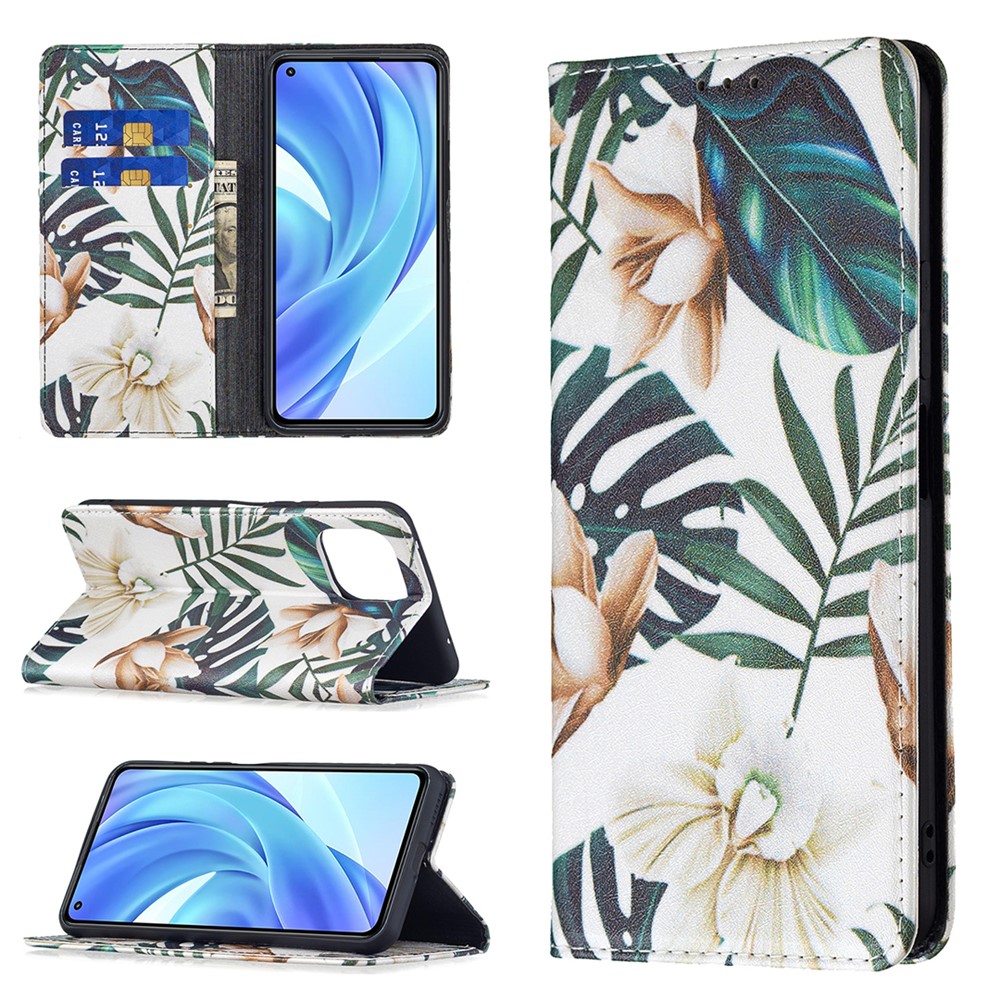 Magnetic Auto-absorbed Pattern Printing PU Leather Stand Walllet Case for Xiaomi Mi 11 Lite 4G / 5G /11 Lite 5G NE - Flower and Leaf-9