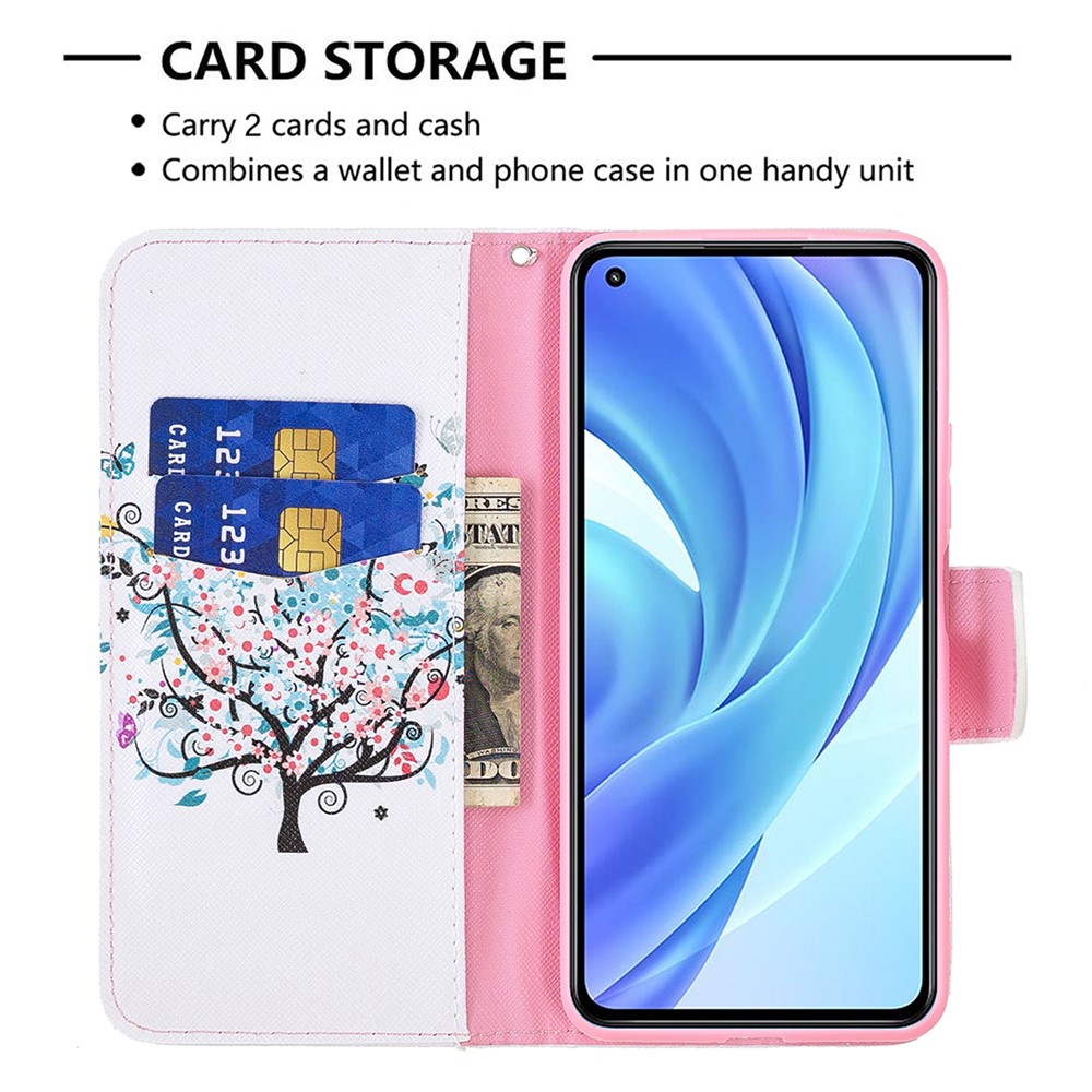 Pattern Printing Full Protection Leather Wallet Stand Phone Case for Xiaomi Mi 11 Lite 4G / 5G - Flowered Tree-5