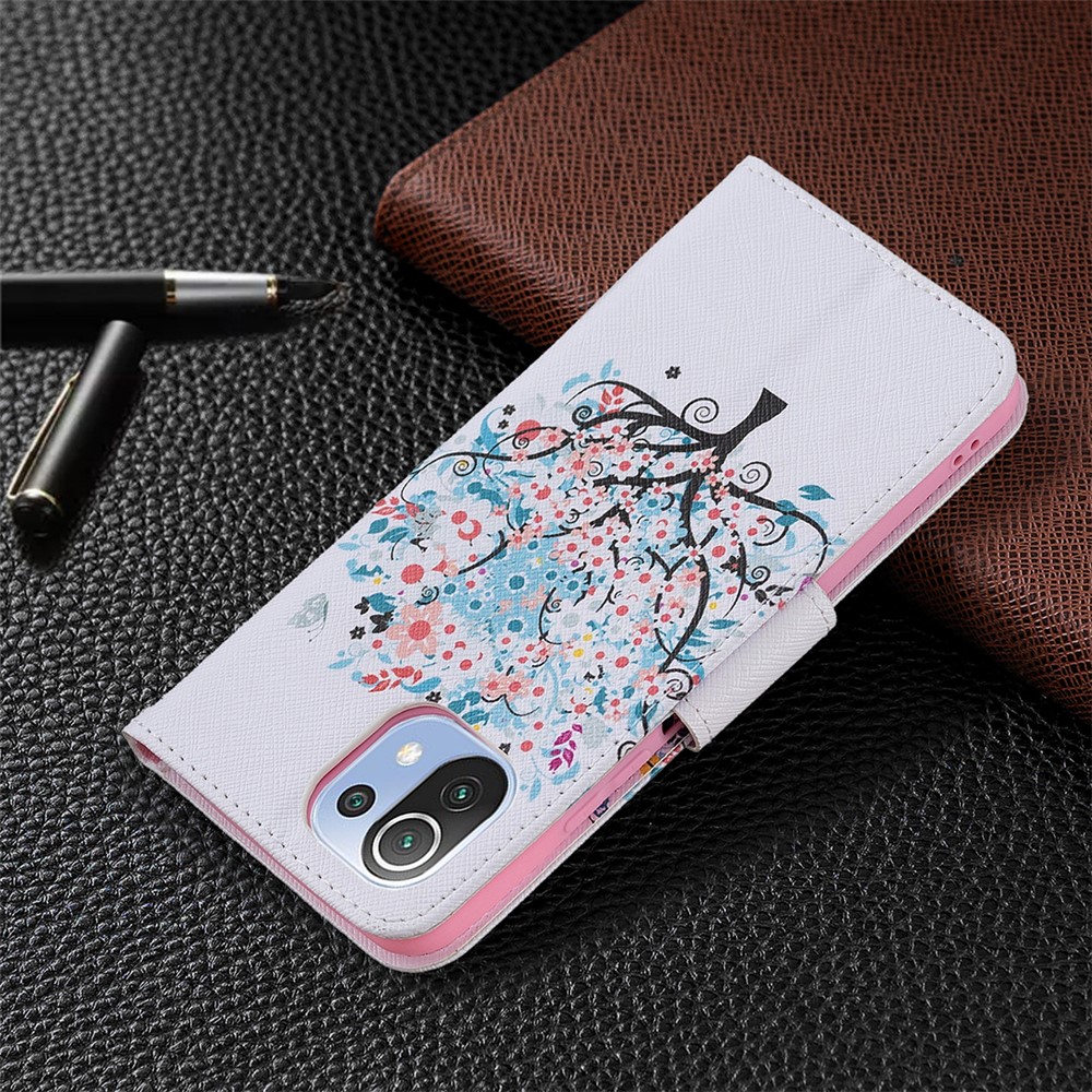 Pattern Printing Full Protection Leather Wallet Stand Phone Case for Xiaomi Mi 11 Lite 4G / 5G - Flowered Tree-7