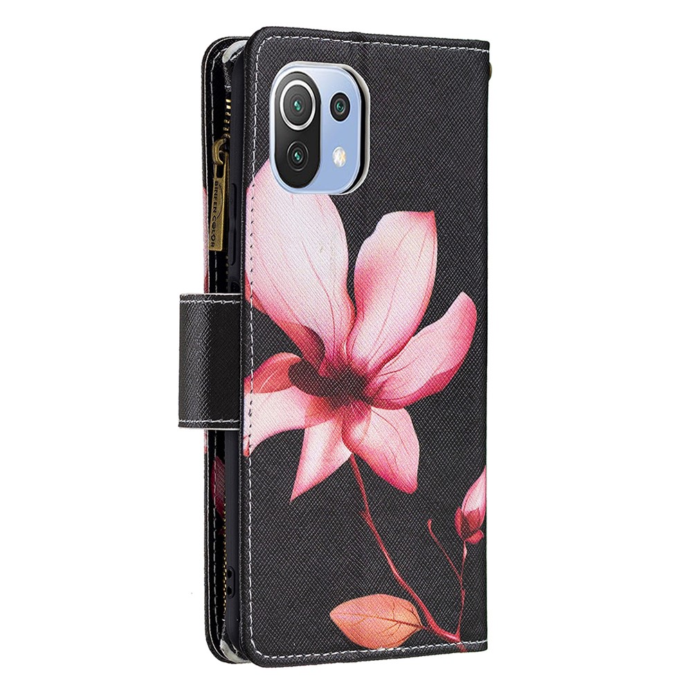 BF03 Zipper Wallet Design Leather Stand Phone Case with Pattern Printing for Xiaomi Mi 11 Lite 4G / 5G - Lotus-3