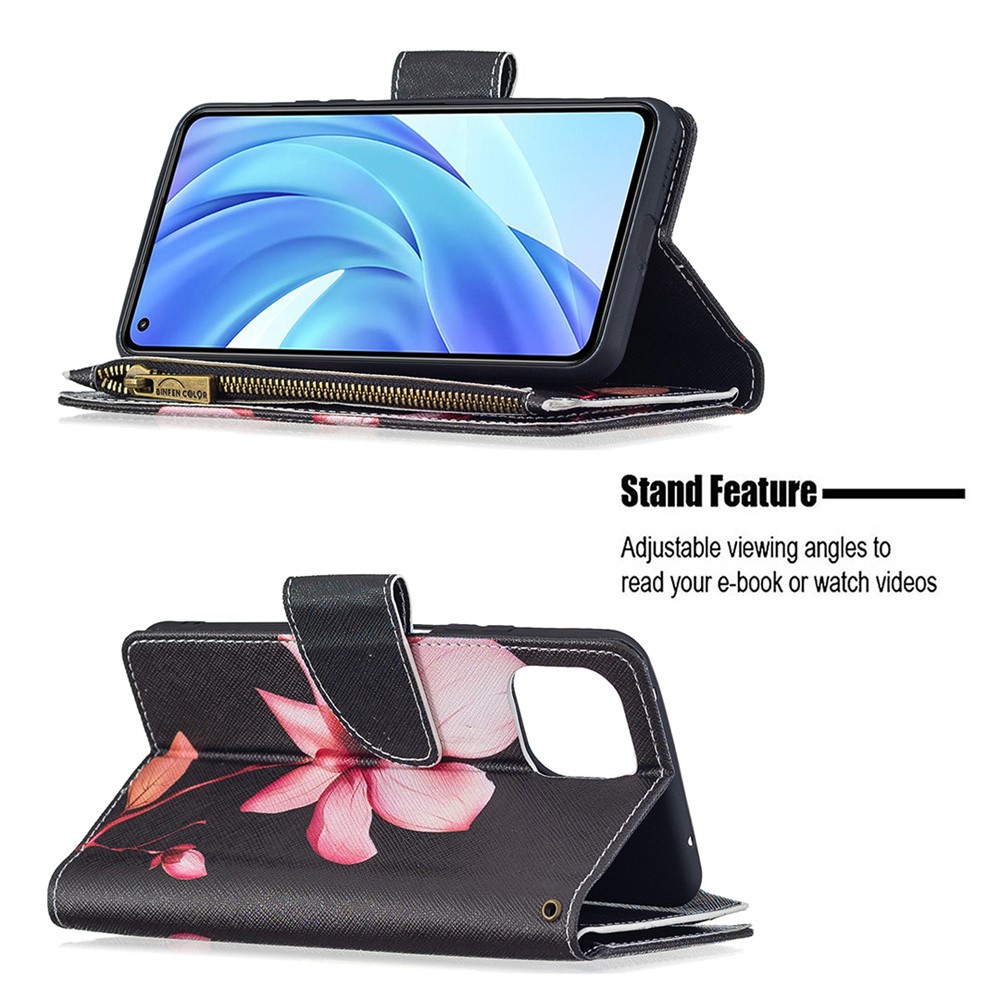 BF03 Zipper Wallet Design Leather Stand Phone Case with Pattern Printing for Xiaomi Mi 11 Lite 4G / 5G - Lotus-4