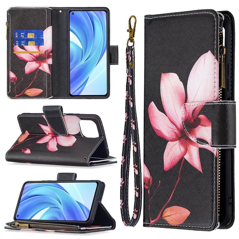 BF03 Zipper Wallet Design Leather Stand Phone Case with Pattern Printing for Xiaomi Mi 11 Lite 4G / 5G - Lotus-8