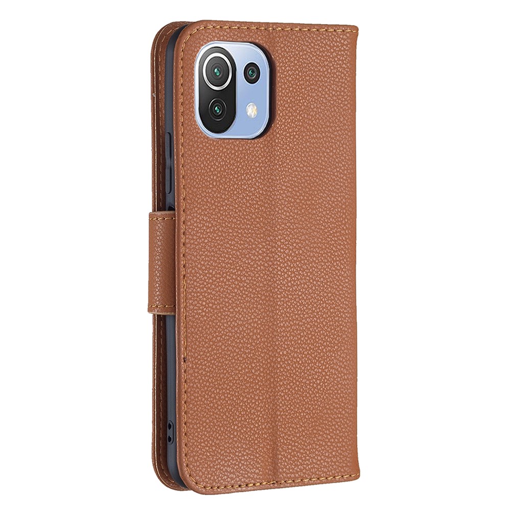 Litchi Texture Wallet Stand Leather Phone Case with Wrist Strap for Xiaomi Mi 11 Lite 4G / 5G - Brown-3