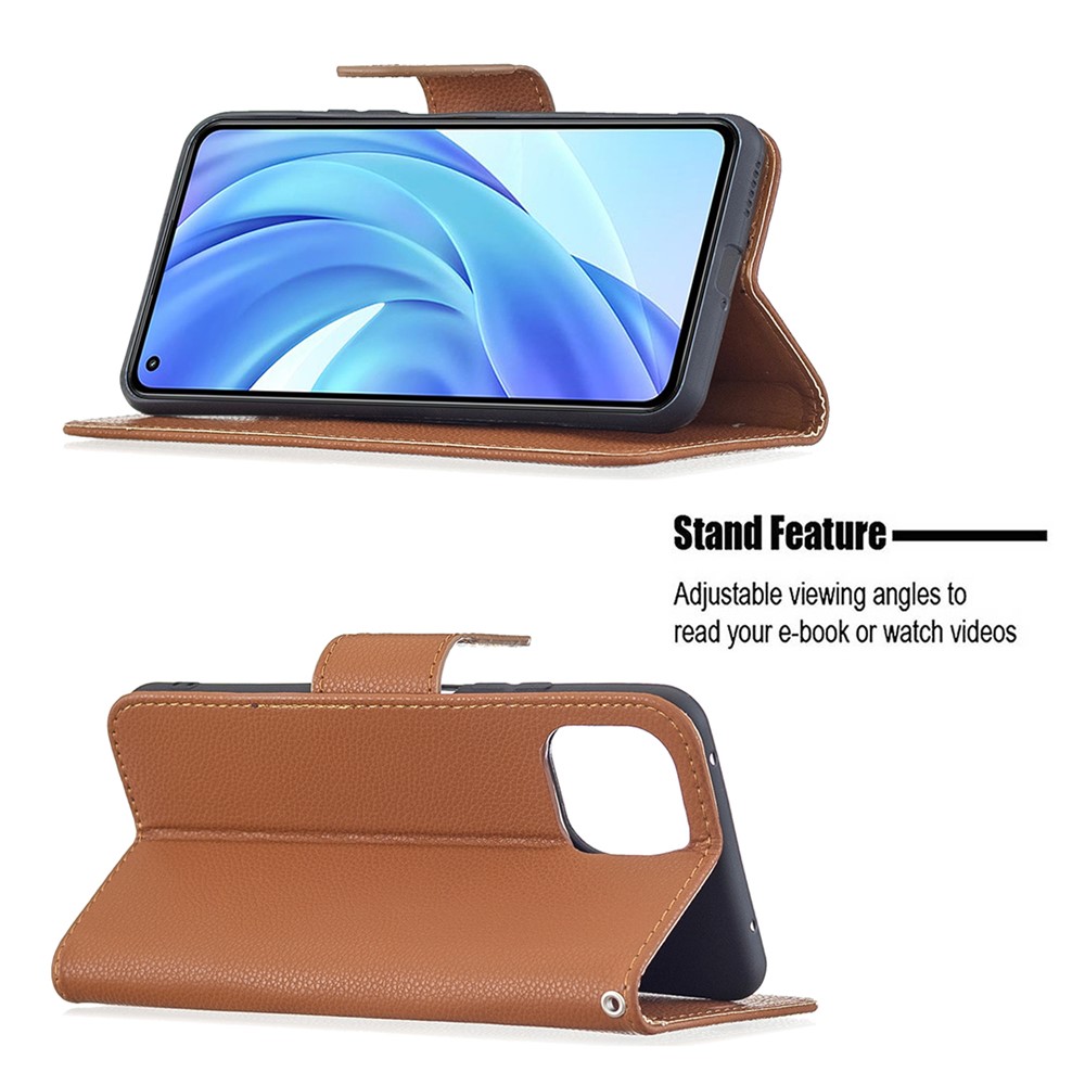 Litchi Texture Wallet Stand Leather Phone Case with Wrist Strap for Xiaomi Mi 11 Lite 4G / 5G - Brown-4
