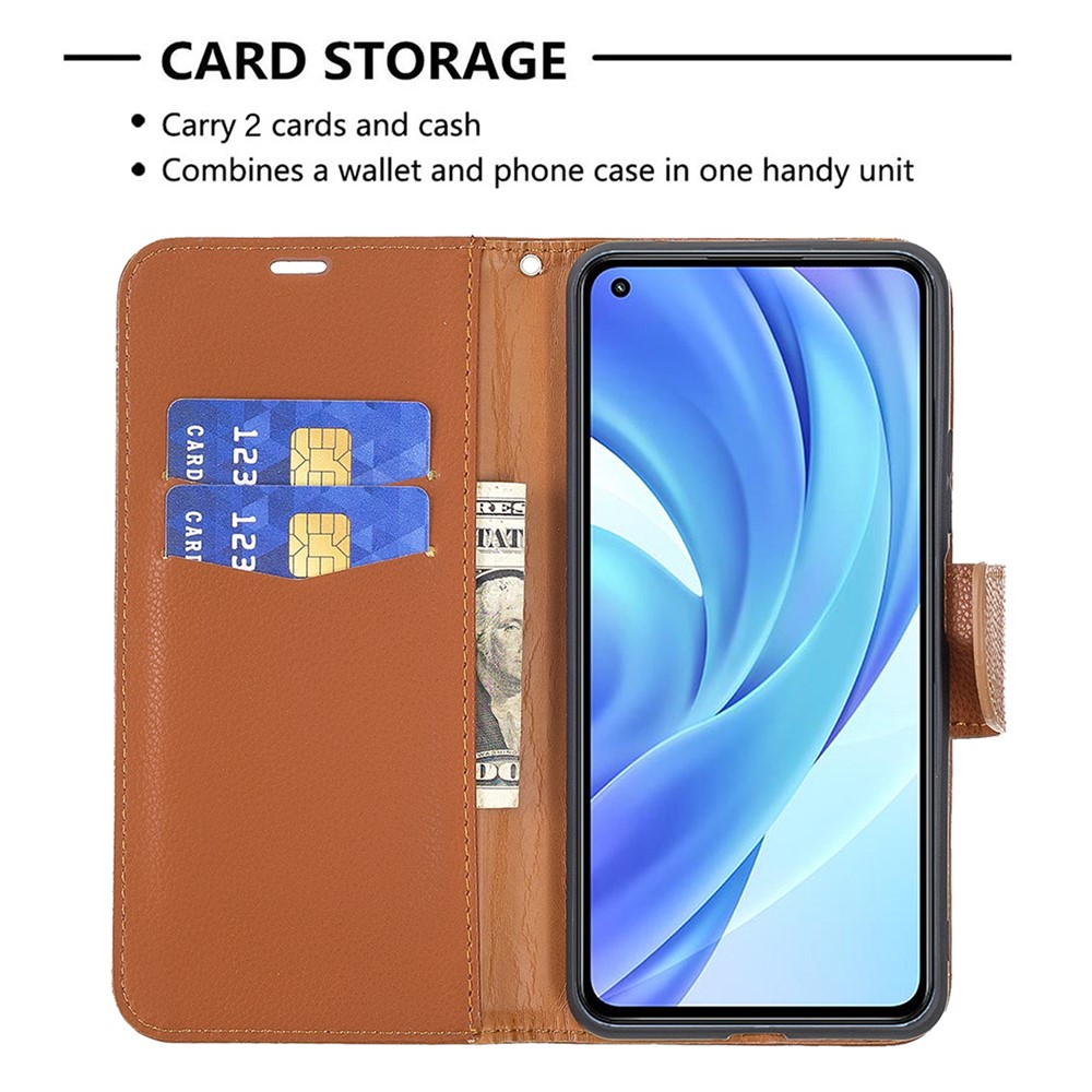 Litchi Texture Wallet Stand Leather Phone Case with Wrist Strap for Xiaomi Mi 11 Lite 4G / 5G - Brown-5